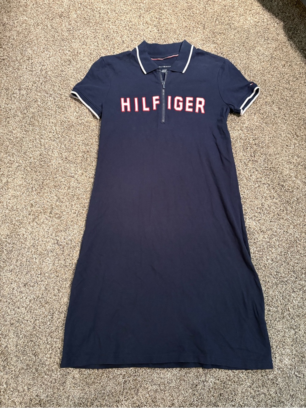 Tommy Hilfiger Navy Polo Midi Dress with White Trim and Red Logo